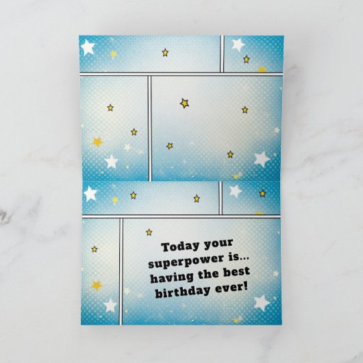 Comic Style Superhero Boy's Name Birthday Kaart (Binnen)