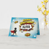 Comic Style Superhero Boy's Name Birthday Kaart (Gele Bloem)