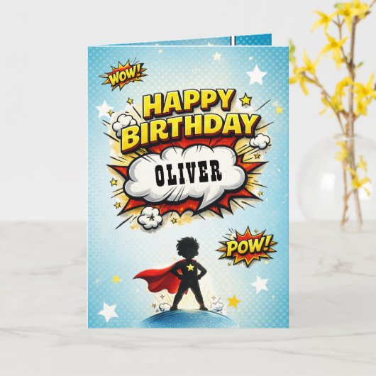 Comic Style Superhero Boy's Name Birthday Kaart (Gele Bloem)