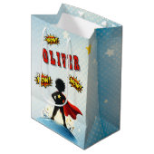 Comic Style Superhero Boy's Name Birthday Party Medium Cadeauzakje (Voorkant Gekanteld)