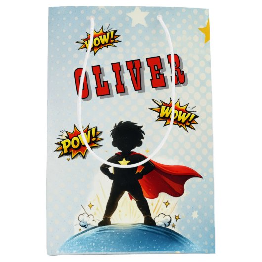 Comic Style Superhero Boy's Name Birthday Party Medium Cadeauzakje (Voorkant)