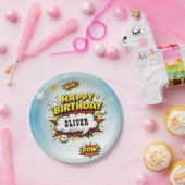 Comic Style Superhero Boy's Name Birthday Party  Papieren Bordje (Feest)