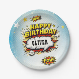 Comic Style Superhero Boy's Name Birthday Party  Papieren Bordje
