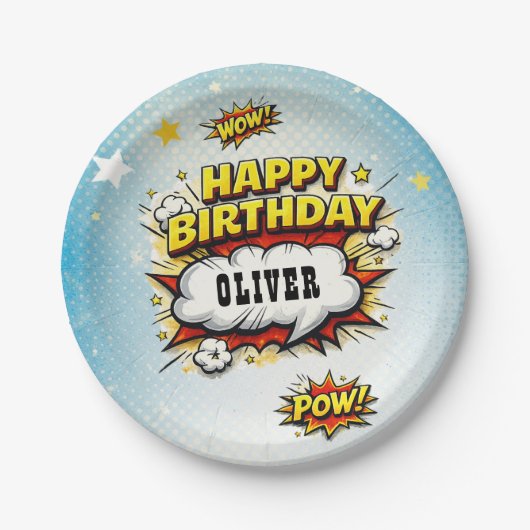 Comic Style Superhero Boy's Name Birthday Party  Papieren Bordje (Voorkant)