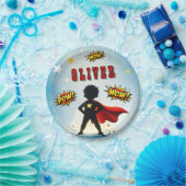 Comic Style Superhero Boy's Name Birthday Party Papieren Bordje (Feest)
