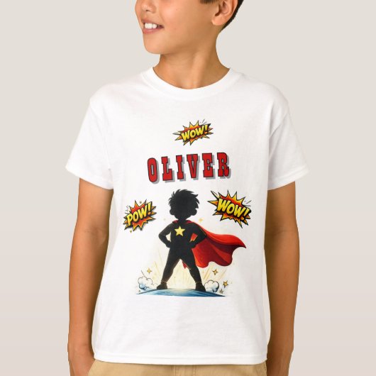 Comic Style Superhero Boy's Name Birthday Party T-shirt (Voorkant)