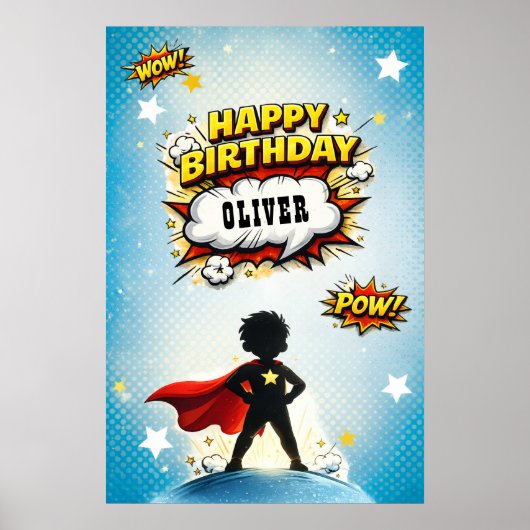 Comic Style Superhero Boy's Name Birthday Poster (Voorkant)