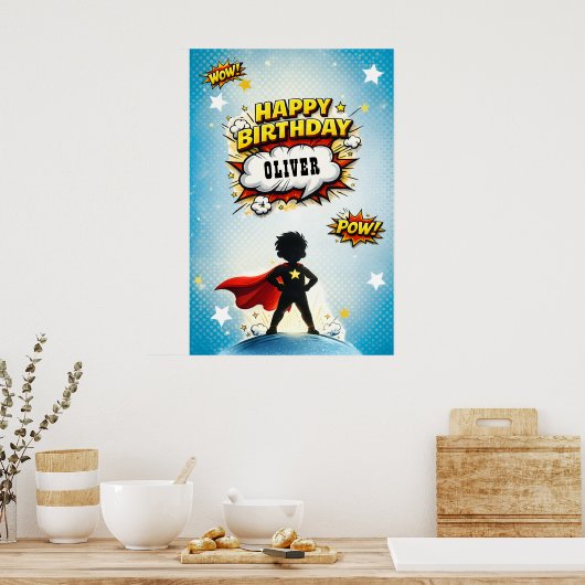 Comic Style Superhero Boy's Name Birthday Poster (Keuken)
