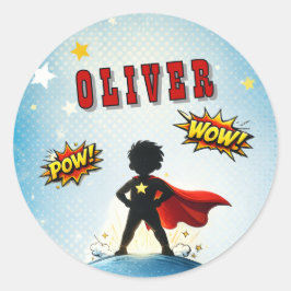 Comic Style Superhero Boy's Name Birthday Ronde Sticker