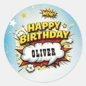 Comic Style Superhero Boy's Name Birthday  Ronde Sticker (Voorkant)
