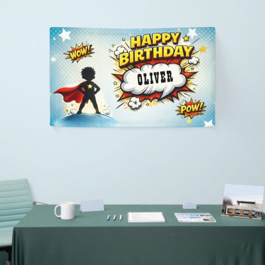 Comic Style Superhero Boy's Name Birthday Spandoek (Beurs)