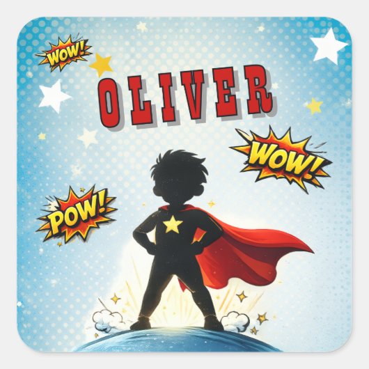 Comic Style Superhero Boy's Name Birthday Vierkante Sticker (Voorkant)