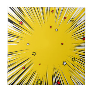 Comic Style Yellow Sunburst met rode sterren Tegeltje