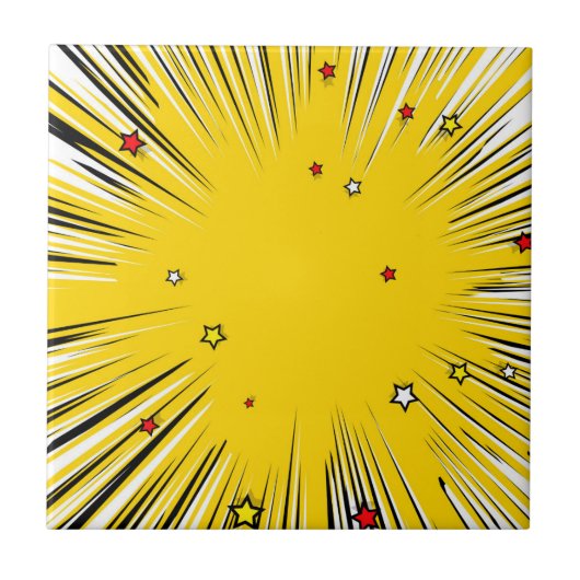 Comic Style Yellow Sunburst met rode sterren Tegeltje (Voorkant)