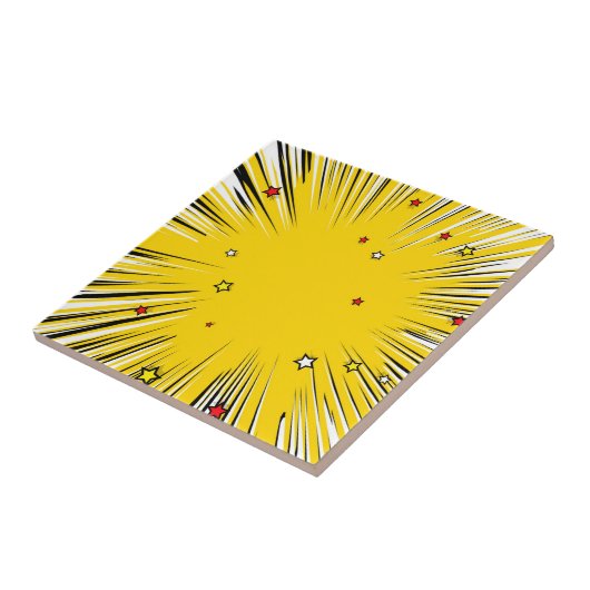 Comic Style Yellow Sunburst met rode sterren Tegeltje (Zijkant)