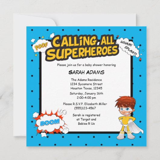 Comic Super Hero Baby shower Boy Uitnodiging (Achterkant)