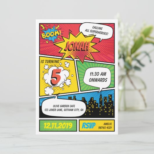 Comic Superheld Birthday Uitnodiging (Staand voorkant)
