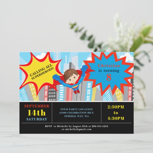 Comic Superheld Boy Birthday Party Invitation Kaart (Staand voorkant)