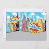 Comic Superheld Boy Birthday Party Invitation Kaart (Achterkant)