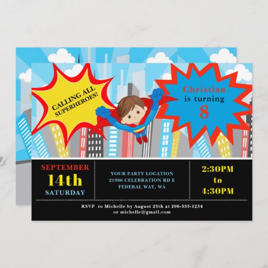 Comic Superheld Boy Birthday Party Invitation Kaart (Voorkant / Achterkant)