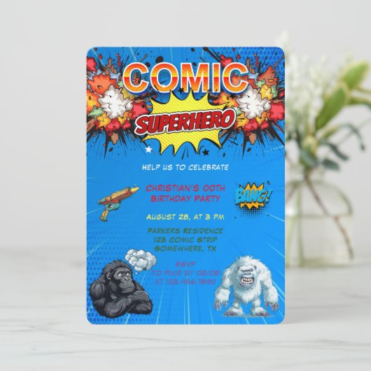Comic Superhero Beast Blue 00th Verjaardagsfeest Kaart (Staand voorkant)