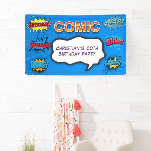 Comic Superhero Blue Kids Verjaardagsfeest Spandoek (Insitu)