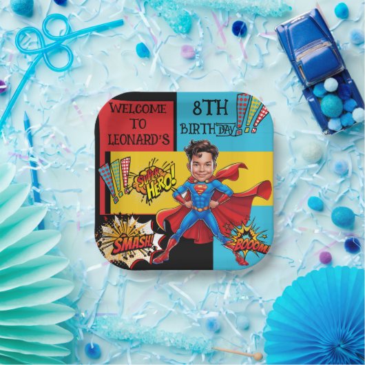 Comic Superhero-karikatuur Papieren Bordje (Feest)