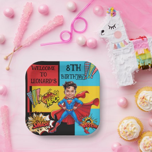 Comic Superhero-karikatuur Papieren Bordje (Feest)