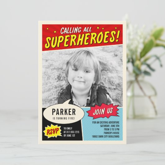  Comic Superhero Verjaardagsfeestje Uitnodiging (Staand voorkant)