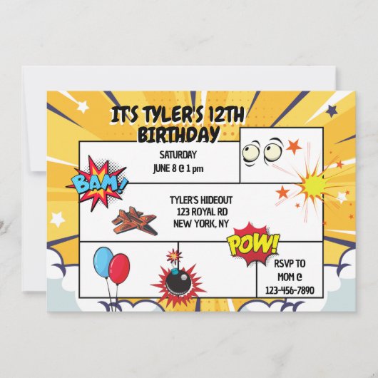 Comic verjaardagsfeestje uitnodiging (Voorkant)