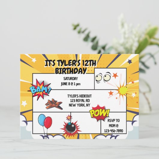 Comic verjaardagsfeestje uitnodiging (Staand voorkant)