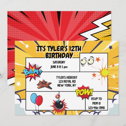 Comic verjaardagsfeestje uitnodiging (Voorkant / Achterkant)