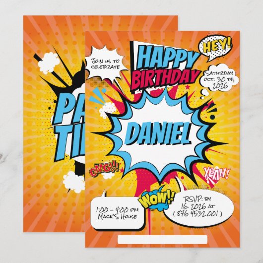 Comic verjaardagsuitnodiging kaart (Voorkant / Achterkant)
