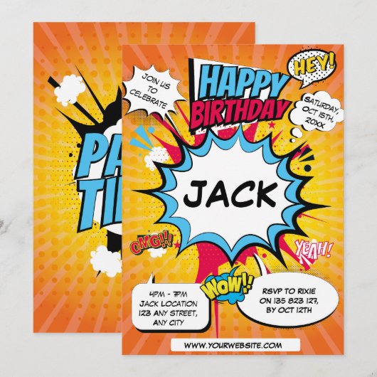 Comic verjaardagsuitnodiging kaart (Voorkant / Achterkant)