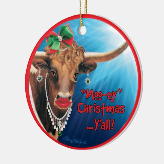 Comical Longhorn Koe kerstversiering Keramisch Ornament (Links)