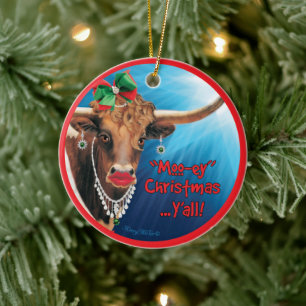 Comical Longhorn Koe kerstversiering Keramisch Ornament