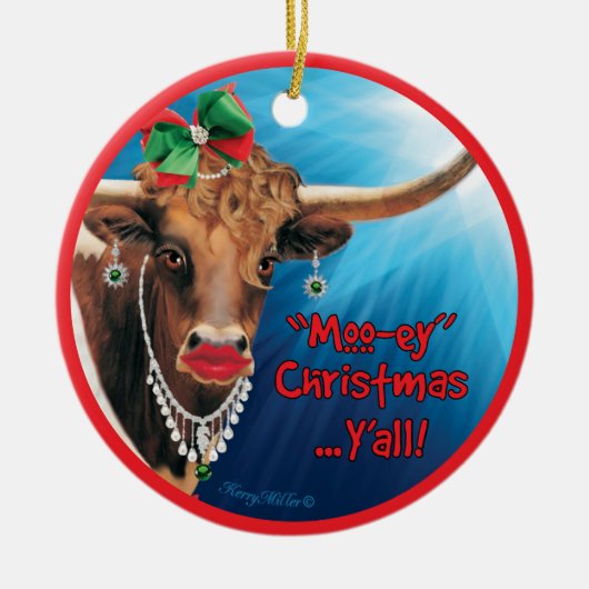 Comical Longhorn Koe kerstversiering Keramisch Ornament (Voorkant)