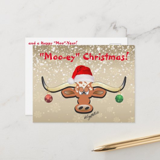 Comical Longhorn Steer Briefkaart (Voorkant / Achterkant in situ)