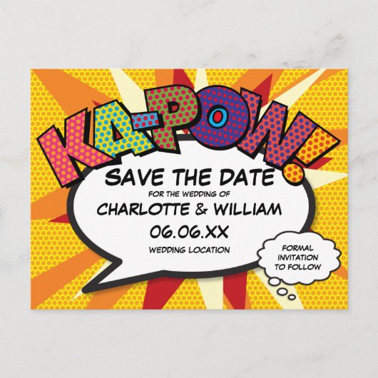Comicbook Ka-Pow moderne lol save the date Aankondigingskaart (Voorkant)
