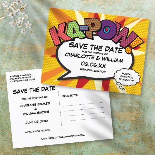 Comicbook Ka-Pow moderne lol save the date Aankondigingskaart