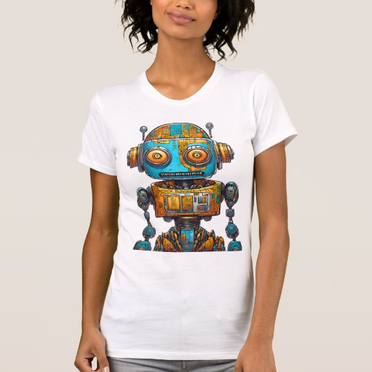 COMICBOOK STIJL ROBOT GOUD BLAUW GROTE OGEN VRIEND T-SHIRT (Voorkant)