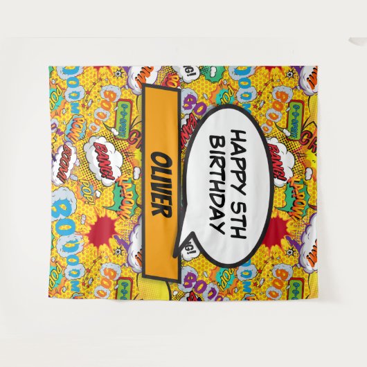 Comicbook-superheld verjaardagsfeestje foto-achter wandkleed (Voorkant (horizontaal))