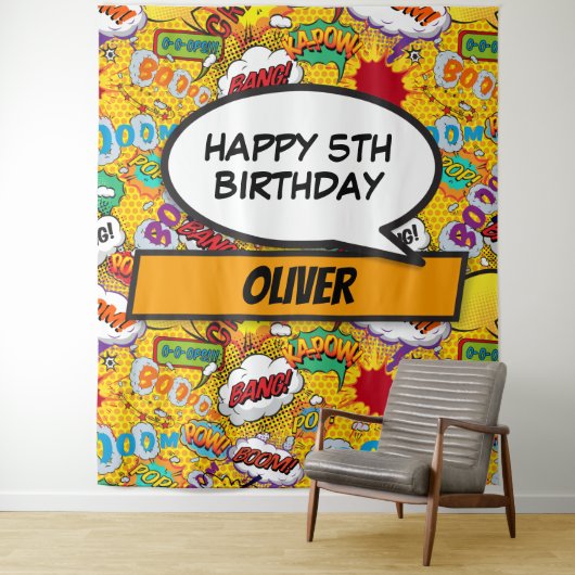 Comicbook-superheld verjaardagsfeestje foto-achter wandkleed (In situ)