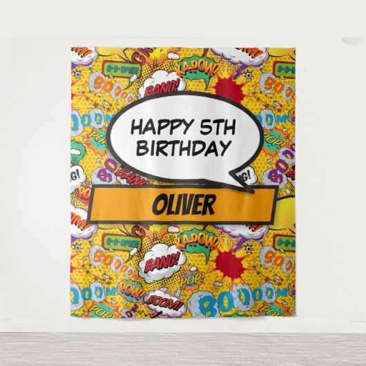 Comicbook-superheld verjaardagsfeestje foto-achter wandkleed (Voorkant)