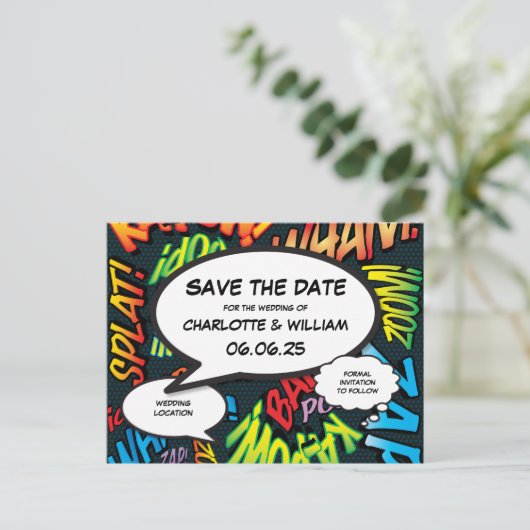 Comicbook-thema superhelden bruiloft 'Save the Dat Aankondigingskaart (Staand voorkant)