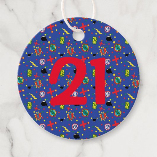 Comics Grappige Boom Bombs Blauwe Superheld AGE Le Bedankjes Labels (Voorkant)