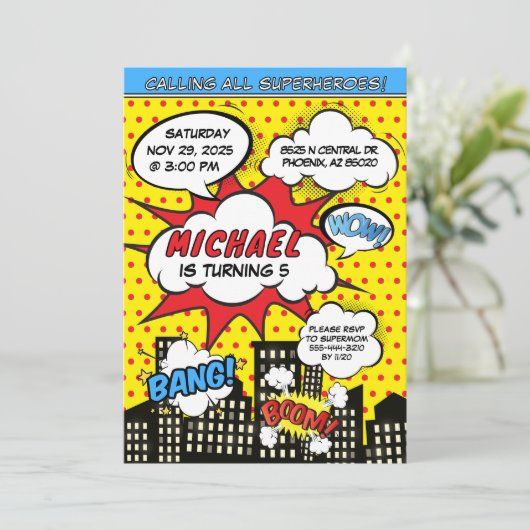 Comics Uitnodiging voor Superhelden verjaardagsfee (Staand voorkant)