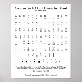 Commercieel PX-lettertype karaktersblad voor Zazzl Poster