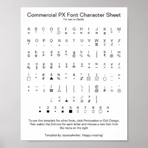 Commercieel PX-lettertype karaktersblad voor Zazzl Poster