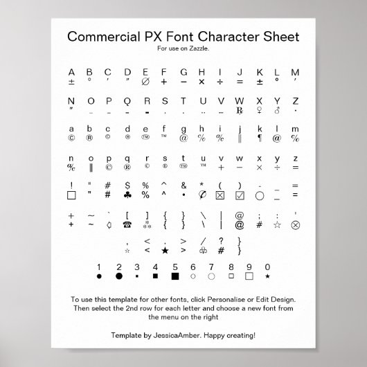 Commercieel PX-lettertype karaktersblad voor Zazzl Poster (Voorkant)